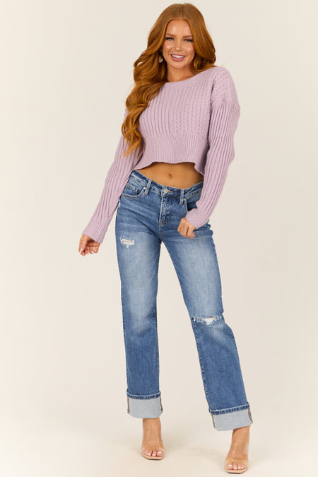 Lilac Ribbed and Cable Knit Long Sleeve Sweater