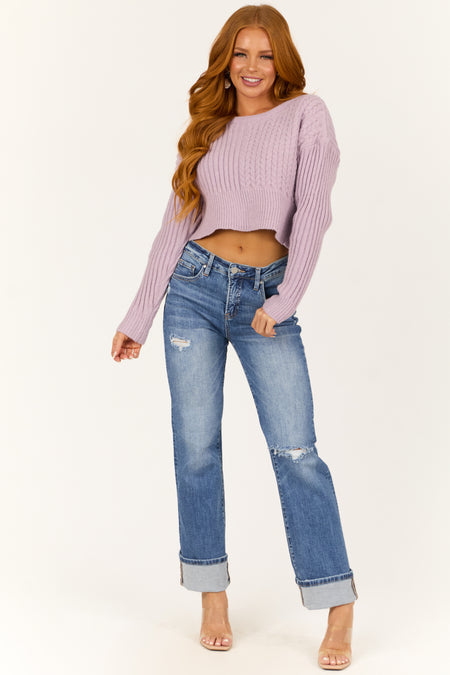 Lilac Ribbed and Cable Knit Long Sleeve Sweater