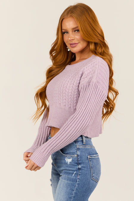 Lilac Ribbed and Cable Knit Long Sleeve Sweater