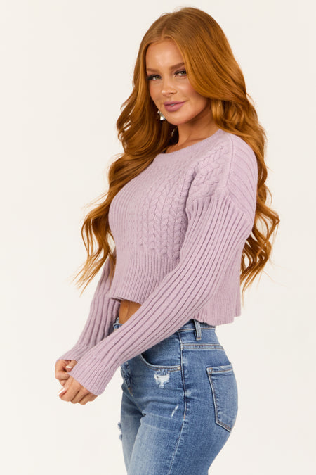 Lilac Ribbed and Cable Knit Long Sleeve Sweater