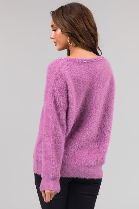 Lilac V Neck Pearl Trim Detail Fuzzy Knit Sweater