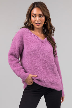 Lilac V Neck Pearl Trim Detail Fuzzy Knit Sweater