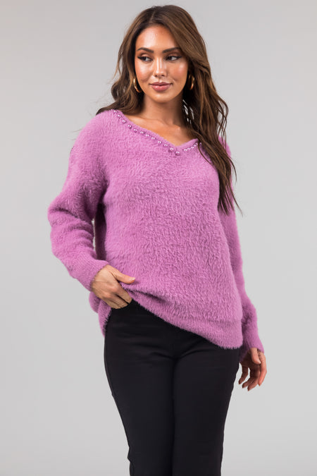 Lilac V Neck Pearl Trim Detail Fuzzy Knit Sweater