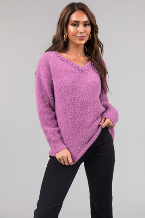 Lilac V Neck Pearl Trim Detail Fuzzy Knit Sweater