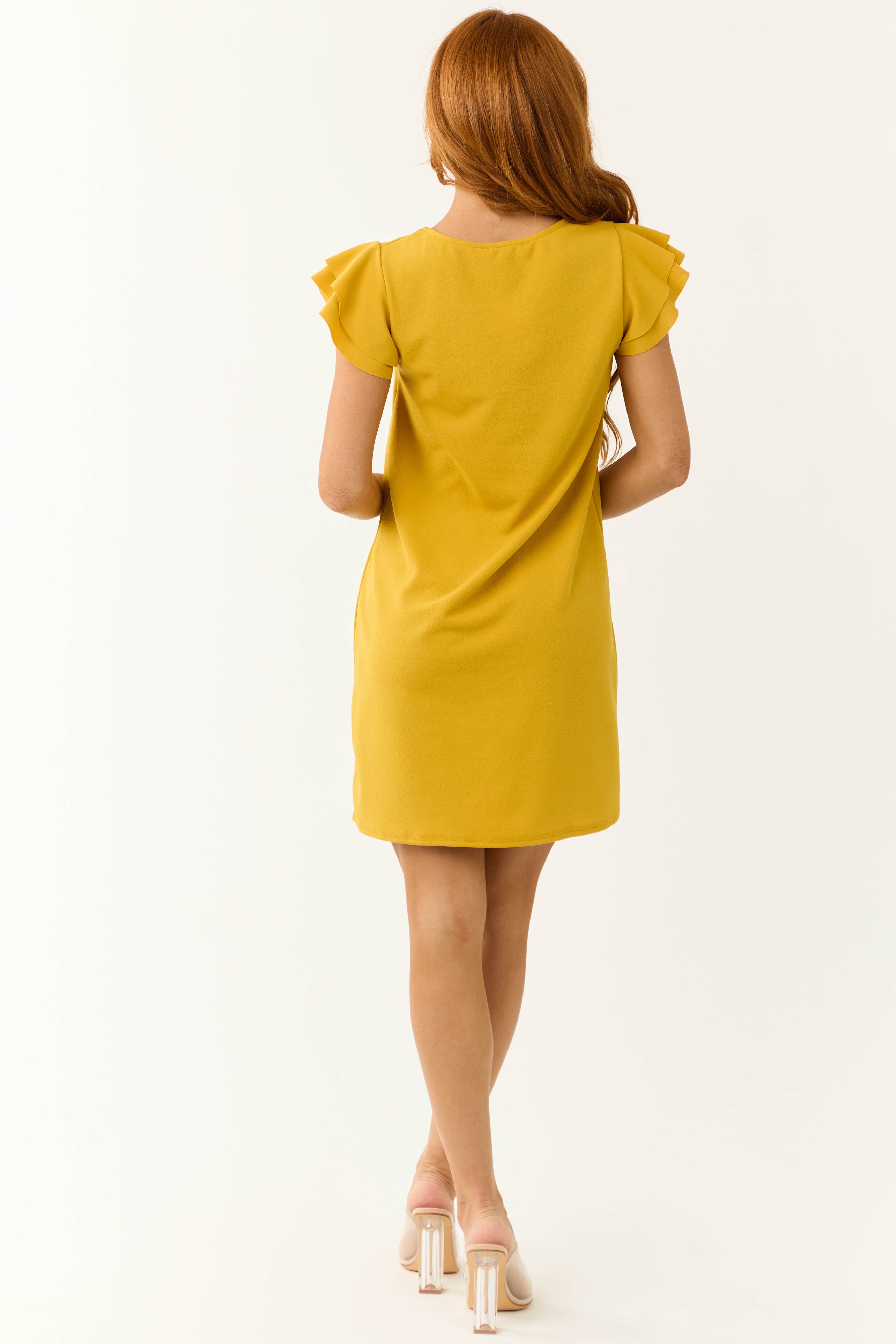 Lily Mustard Ruffle Sleeve Shift Dress