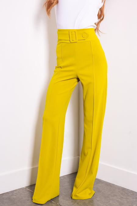 Lime Belted High Waist Pleated Pants