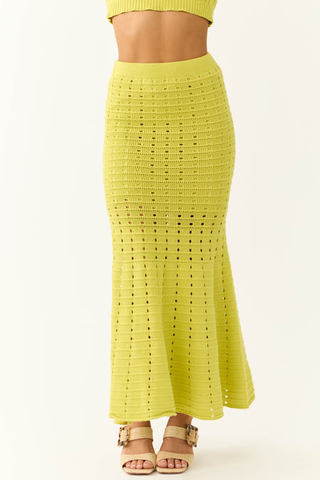 Lime Crochet Knit Fit and Flare Maxi Skirt