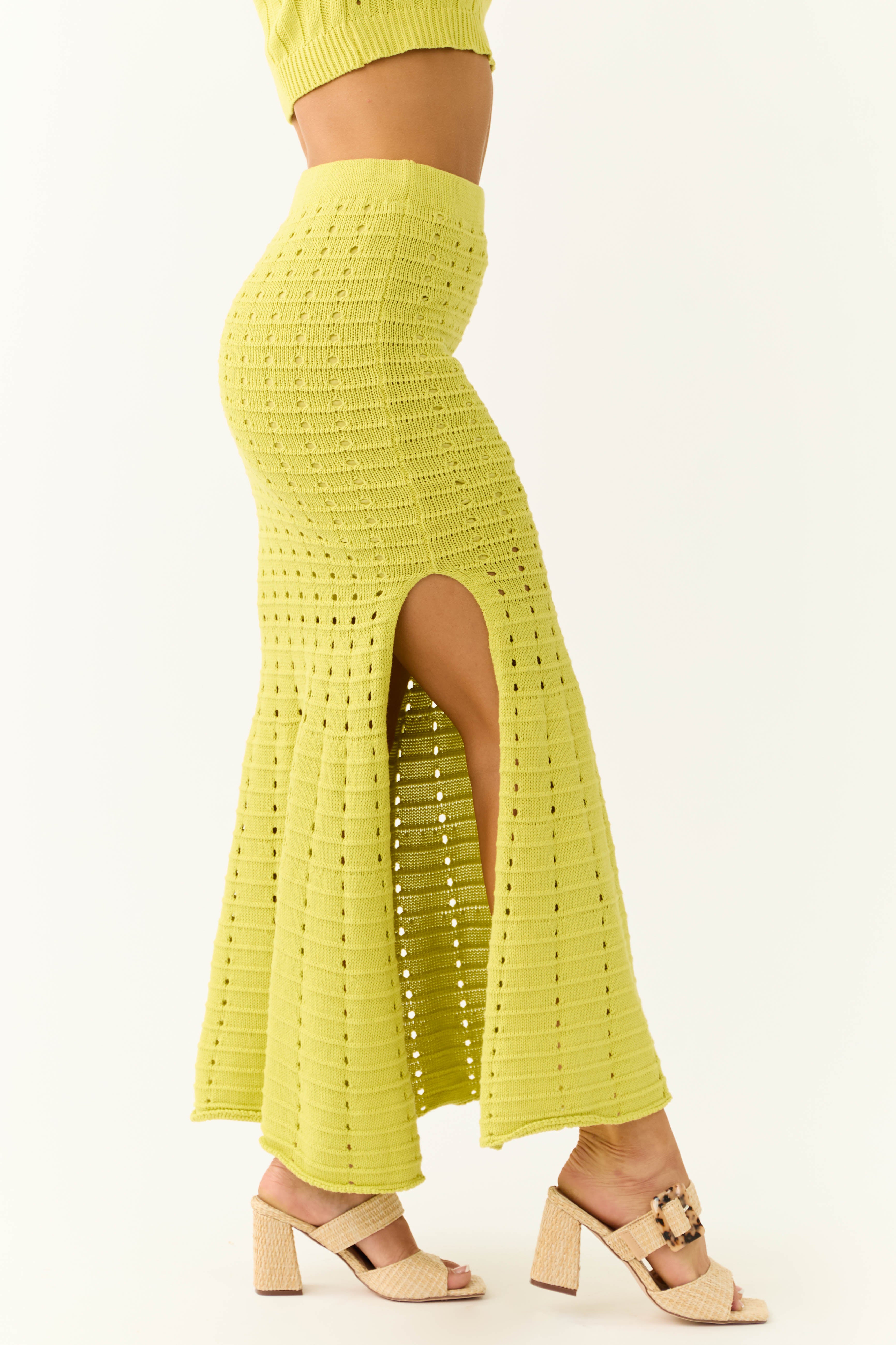 Lime Crochet Knit Fit and Flare Maxi Skirt