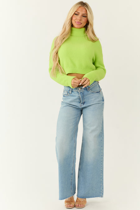 Lime Cropped Turtleneck Fuzzy Sweater