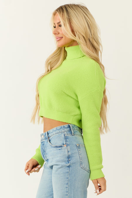 Lime Cropped Turtleneck Fuzzy Sweater