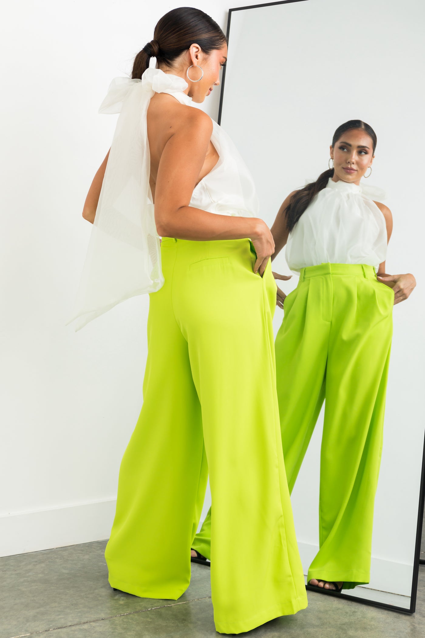 Flying Tomato Green High Rise Flare Pants with Seam Detail