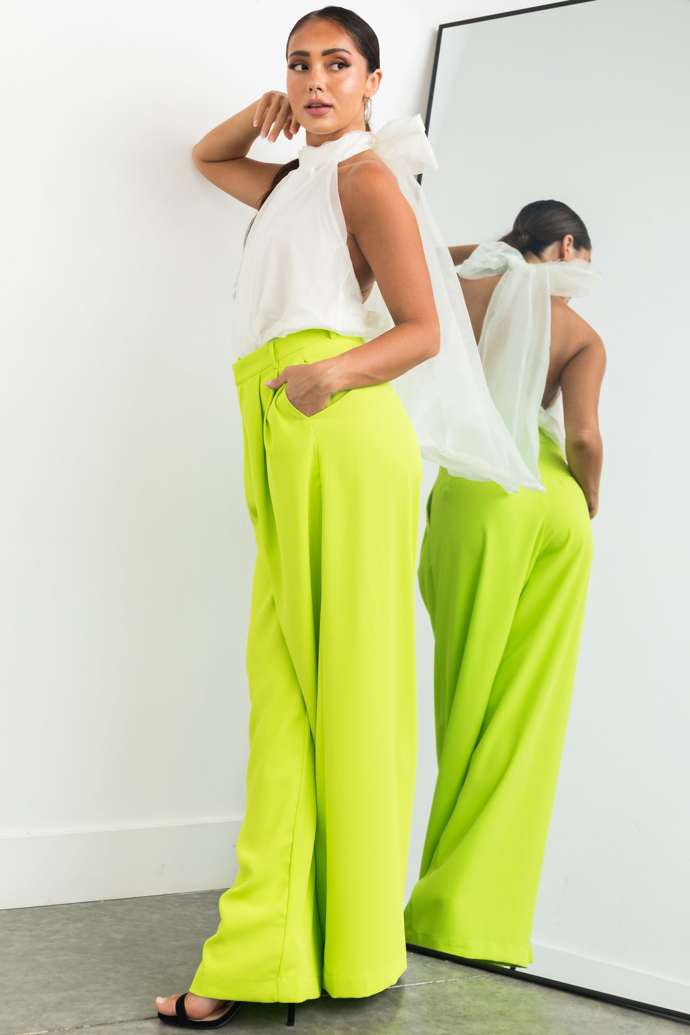 Lime High Waisted Wide Leg Woven Pants