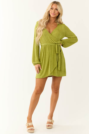 Lime Long Sleeve Surplice Short Dress