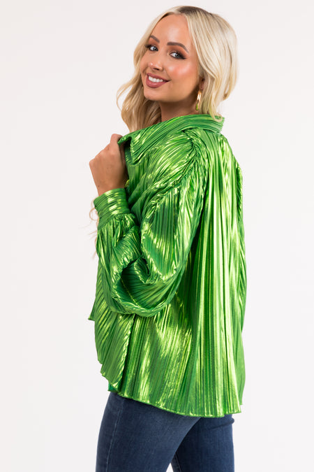 Lime Metallic Pleated Button Down Top