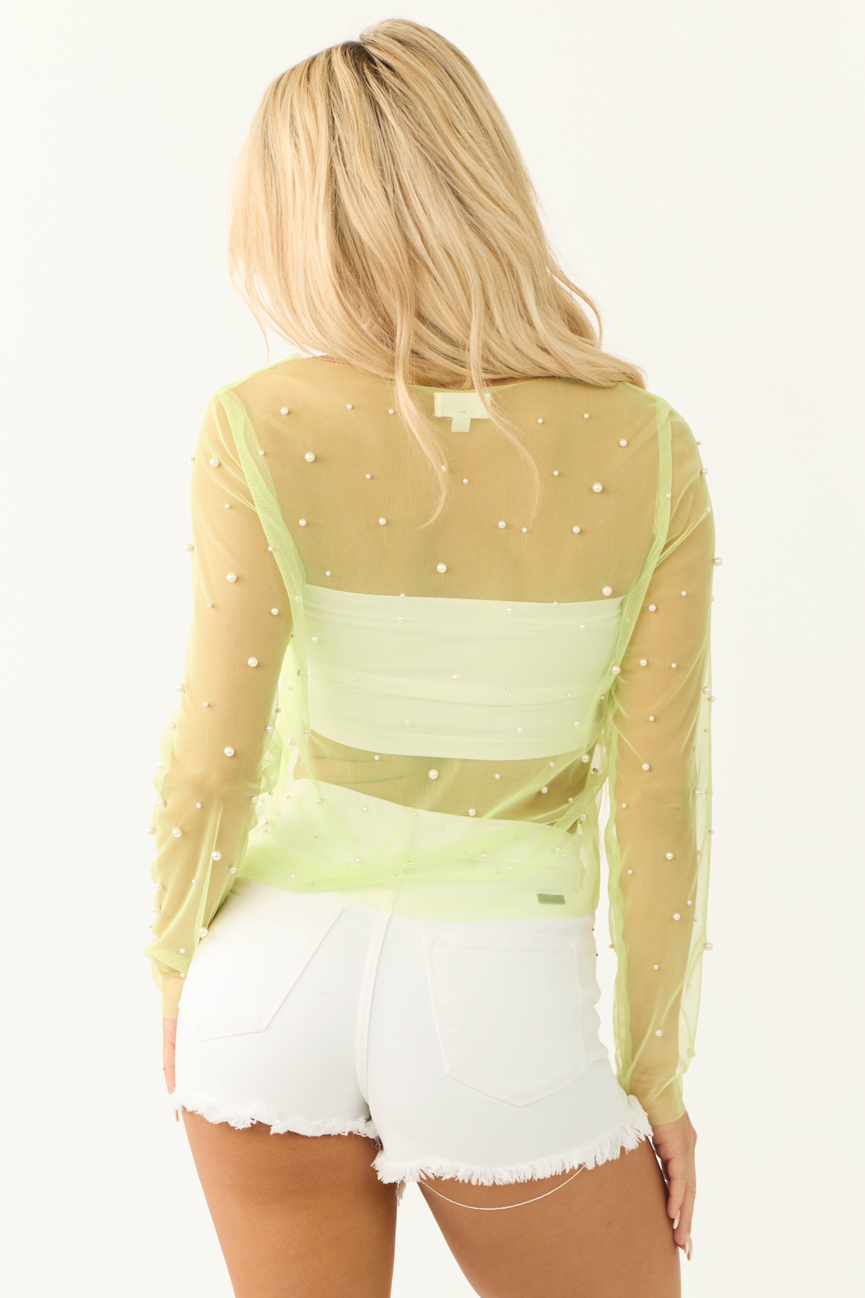 Lime Pearl Detail Long Sleeve Mesh Top