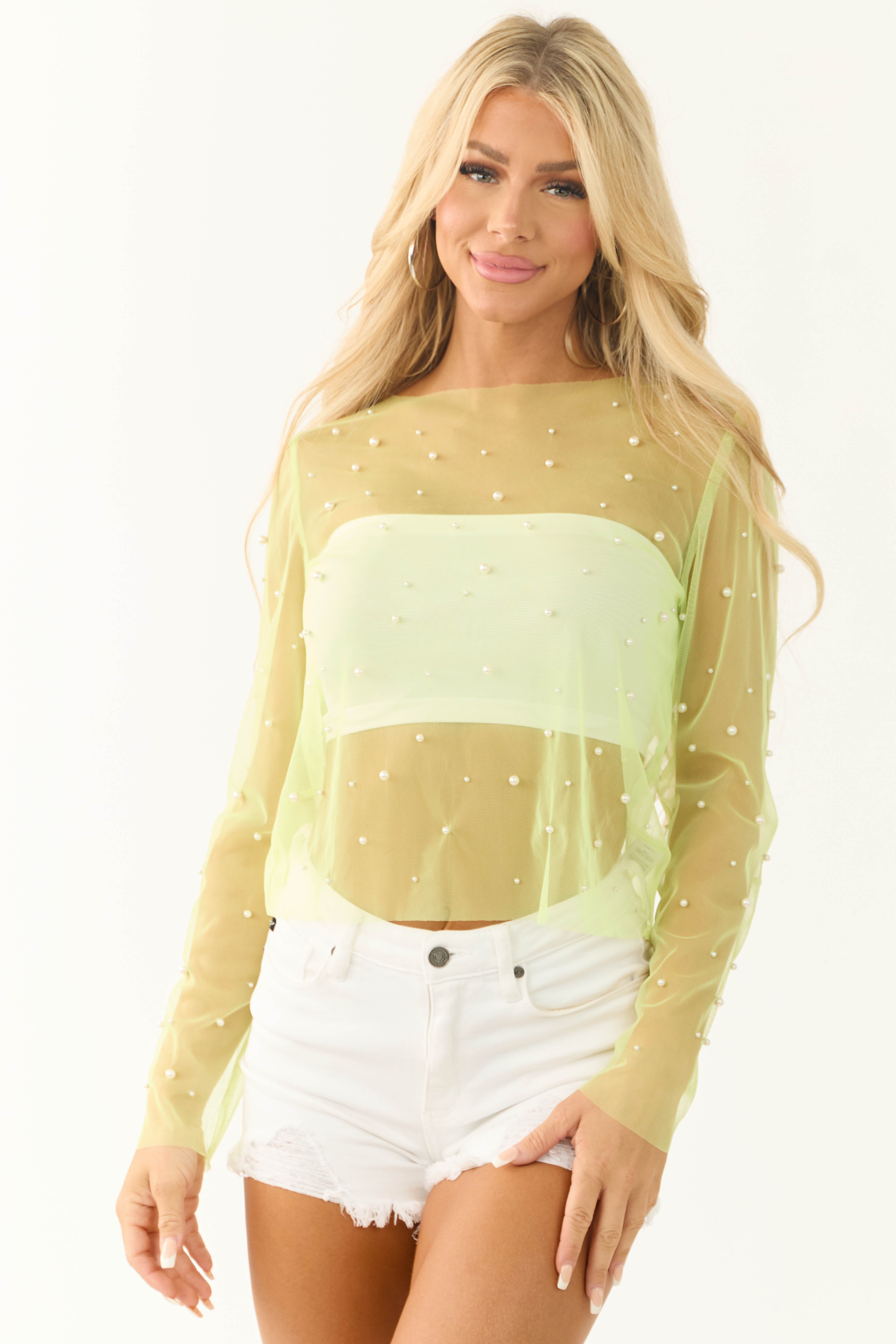 Lime Pearl Detail Long Sleeve Mesh Top