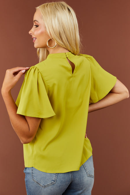 Lime Pleated High Neck Flutter Sleeve Blouse