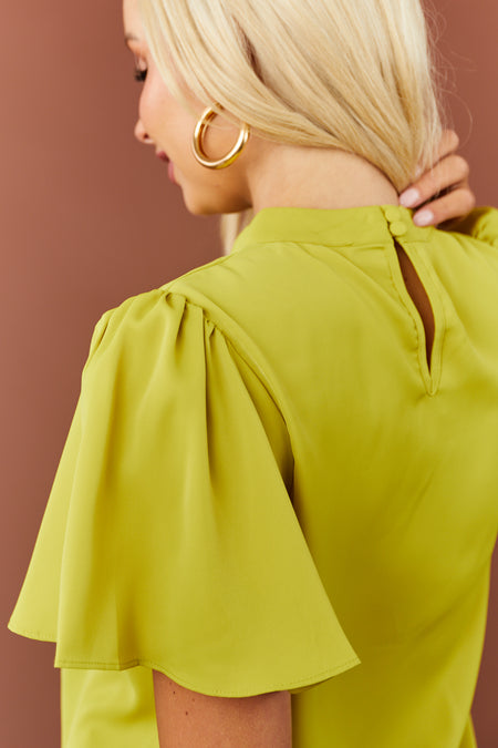 Lime Pleated High Neck Flutter Sleeve Blouse