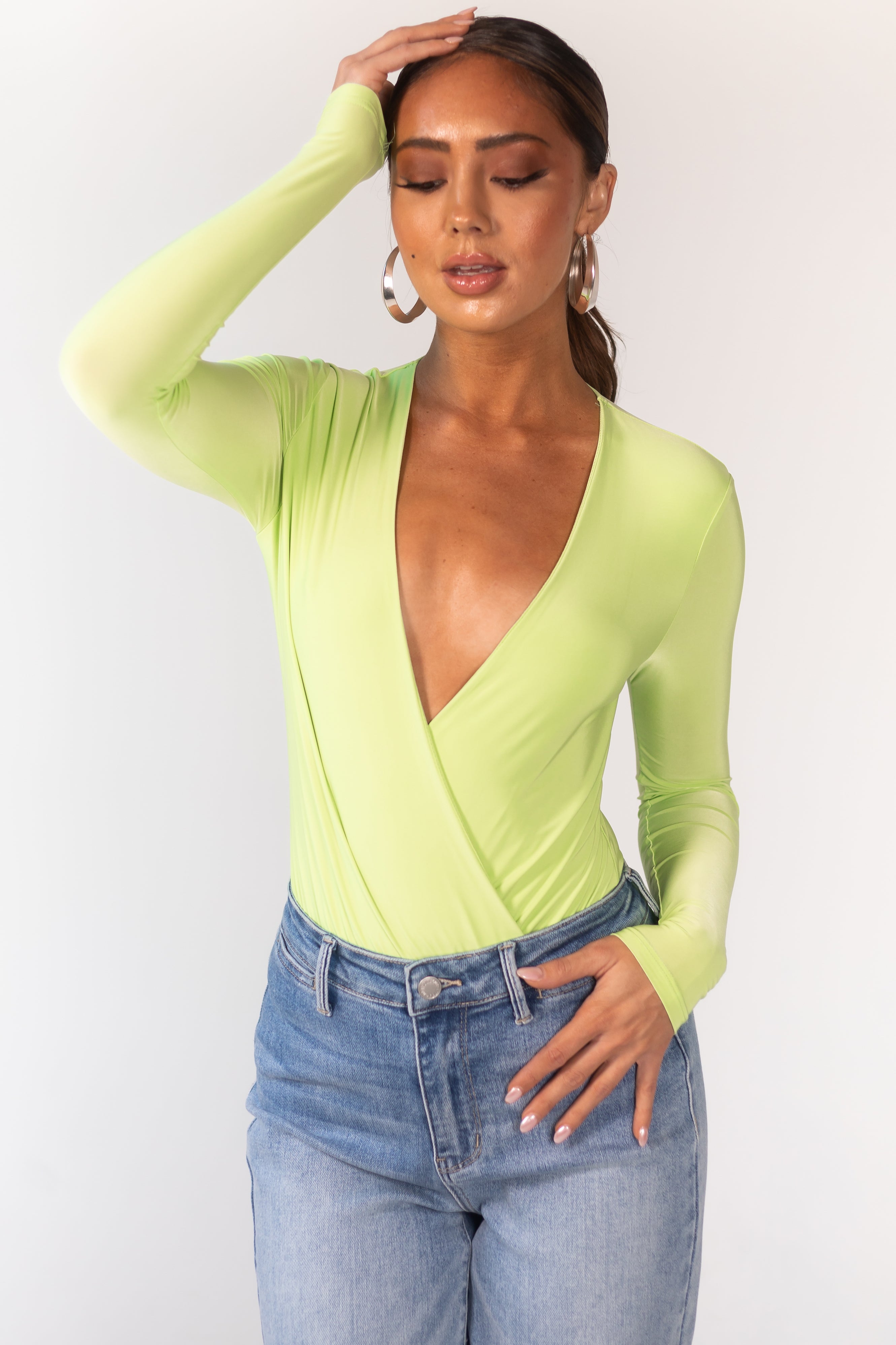 Lime Plunging Surplice Long Sleeve Bodysuit