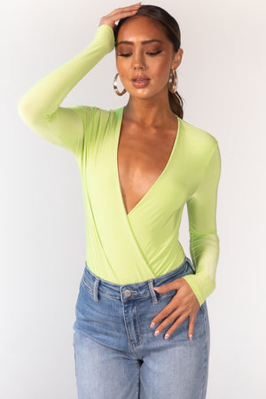 Lime Plunging Surplice Long Sleeve Bodysuit