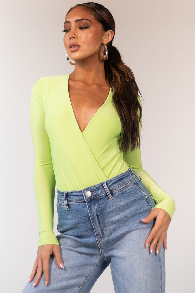 Lime Plunging Surplice Long Sleeve Bodysuit