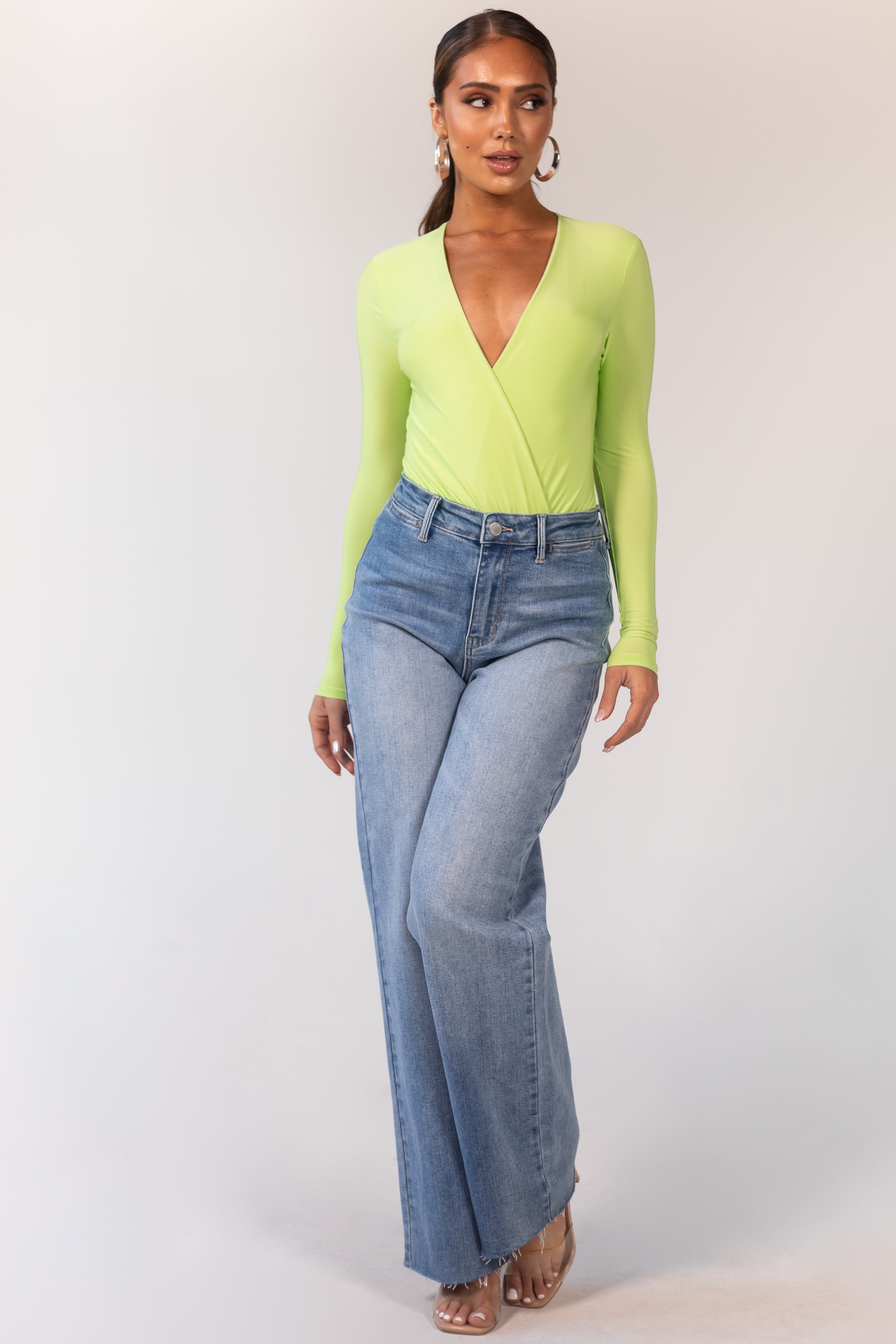 Lime Plunging Surplice Long Sleeve Bodysuit