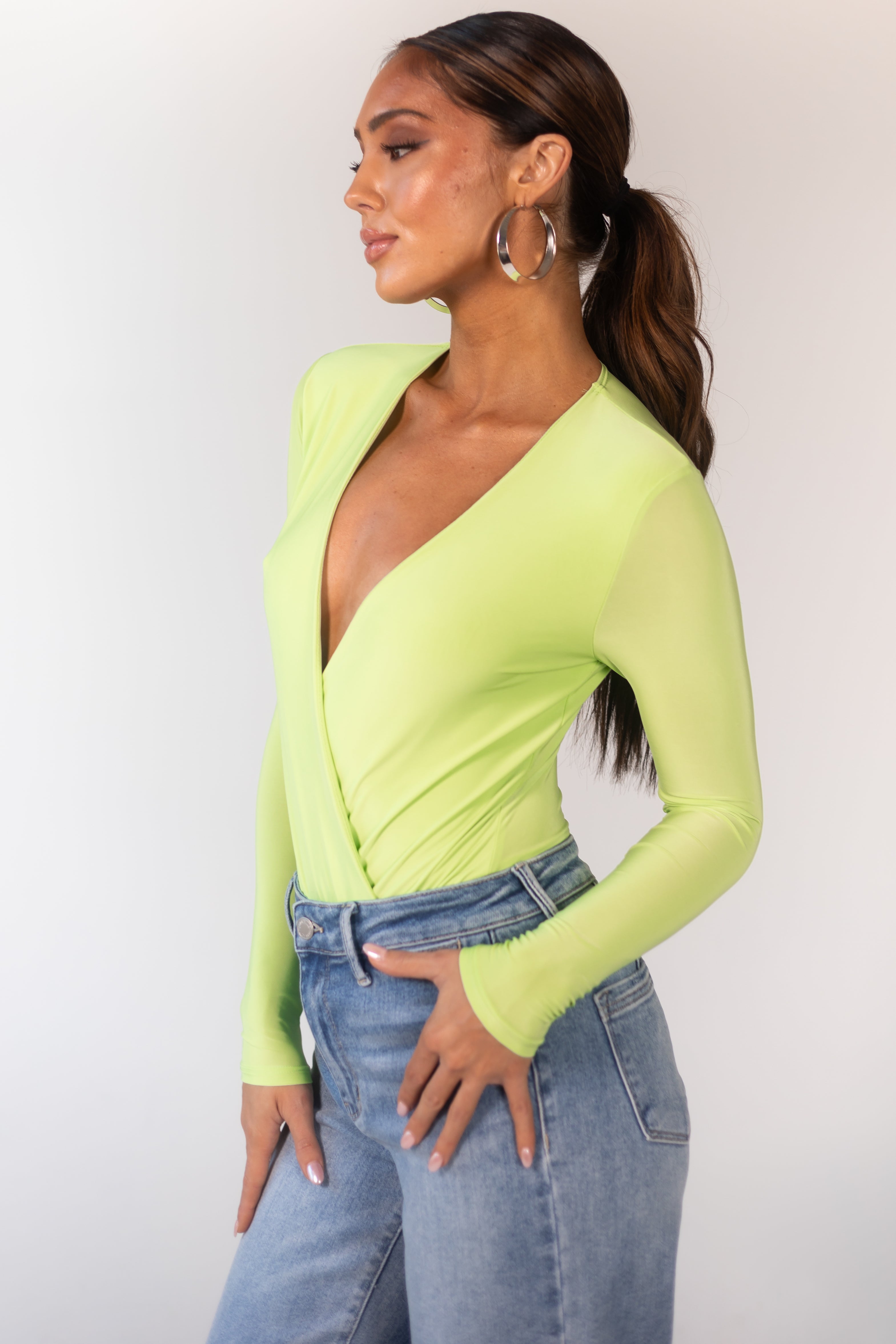 Lime Plunging Surplice Long Sleeve Bodysuit