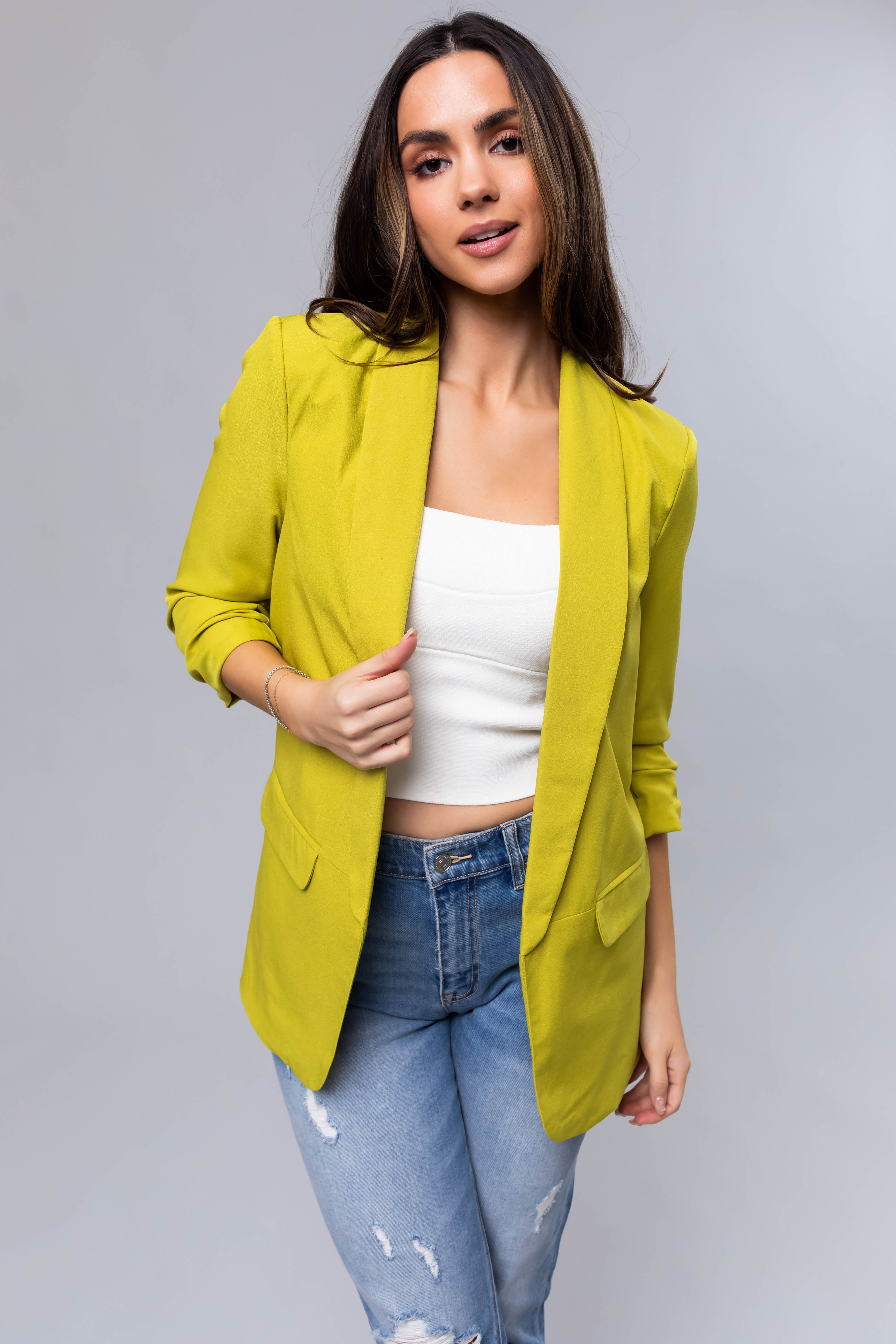 Lime Ruched 3/4 Sleeve Open Front Blazer