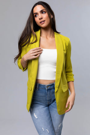 Lime Ruched 3/4 Sleeve Open Front Blazer