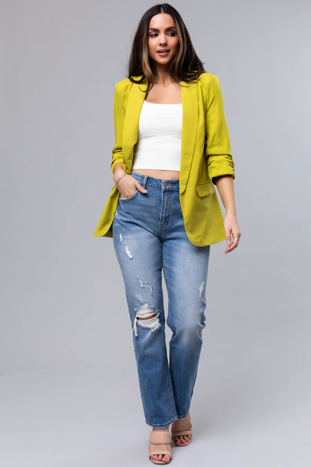 Lime Ruched 3/4 Sleeve Open Front Blazer