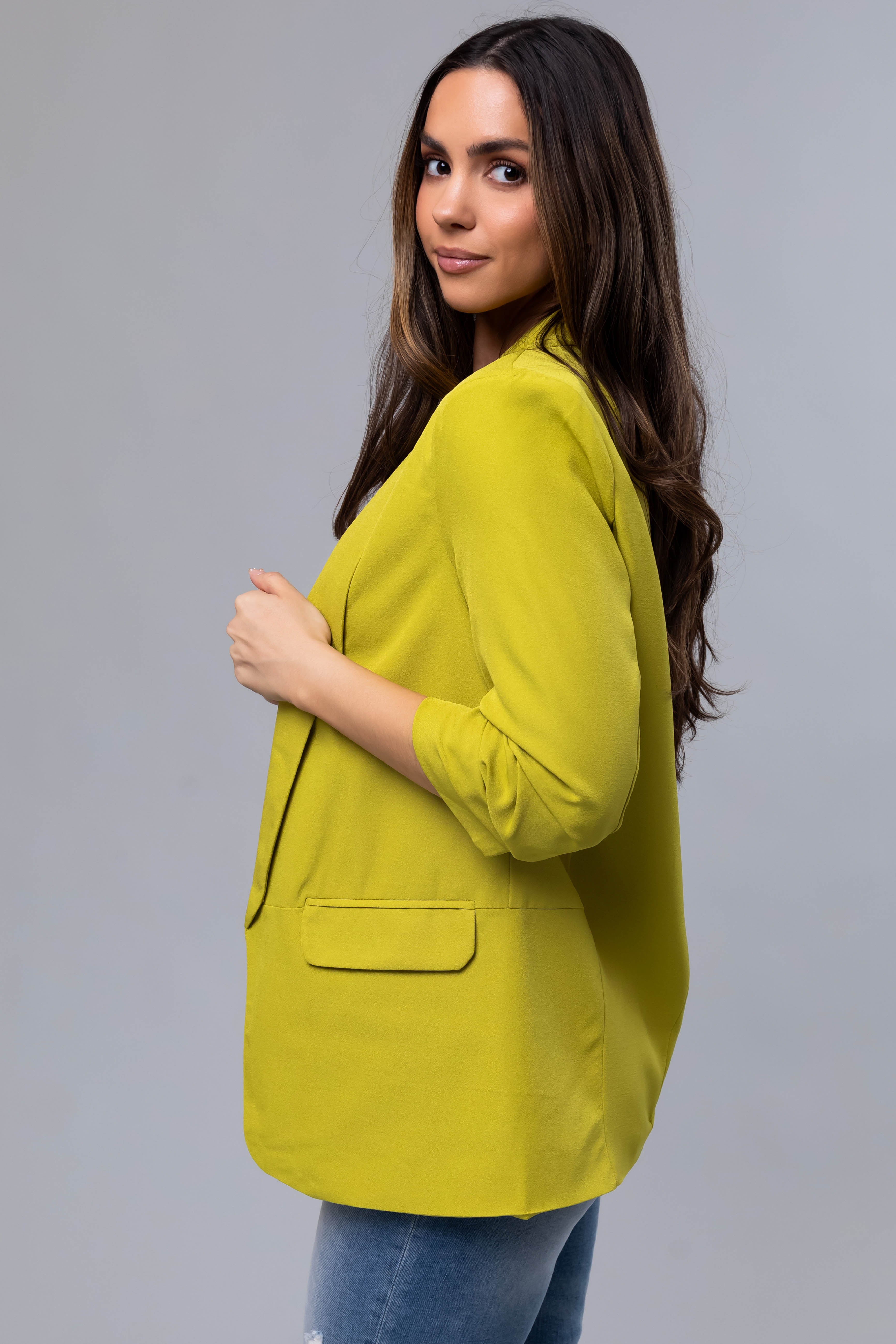 Lime Ruched 3/4 Sleeve Open Front Blazer