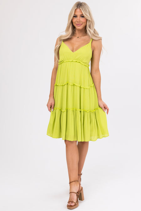 Lime Ruffle Tiered V Neck Knee Length Dress