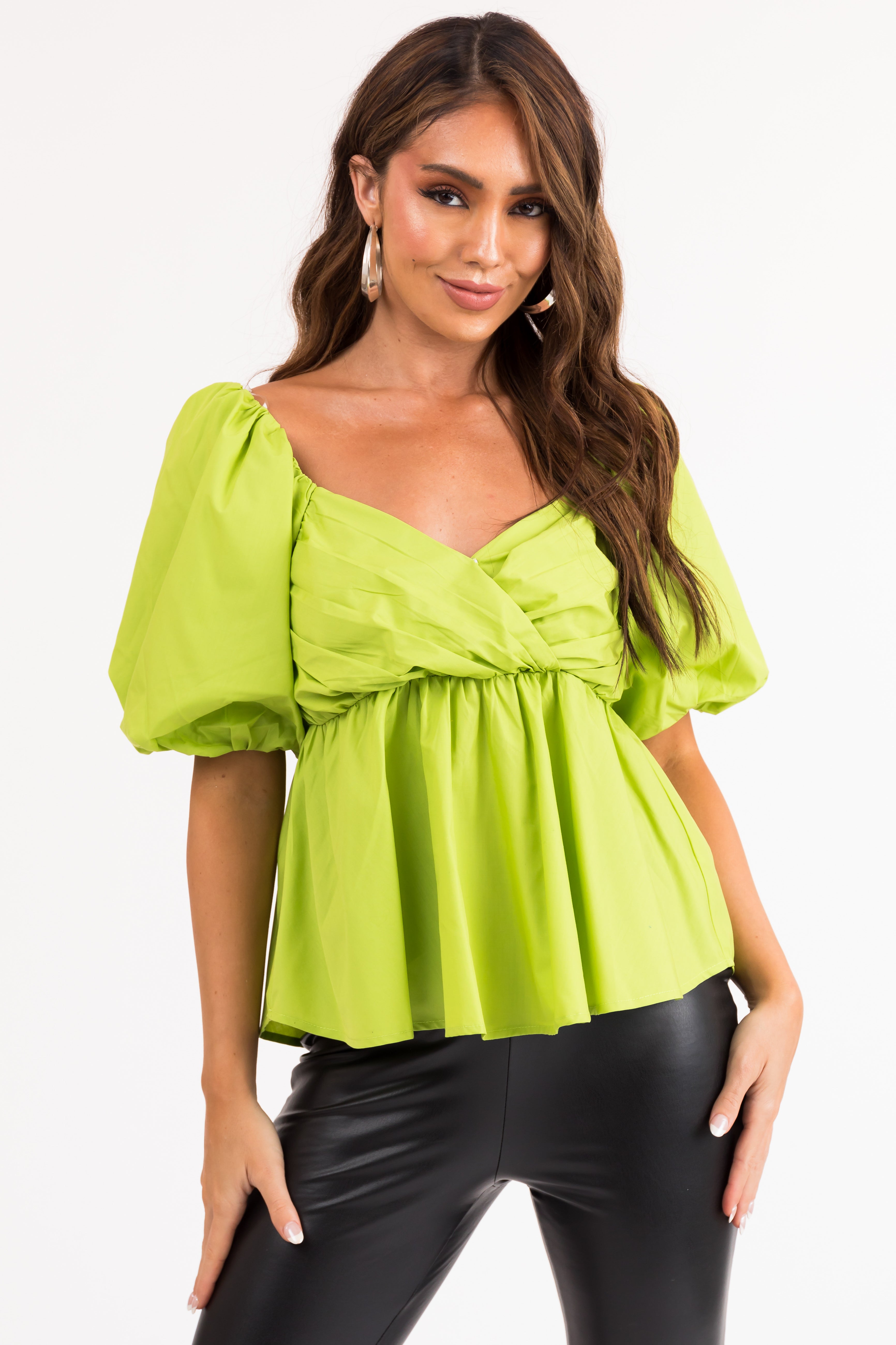 Lime Short Puff Sleeve Sweetheart Neck Top | Lime Lush