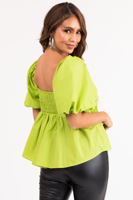 Lime Short Puff Sleeve Sweetheart Neck Top