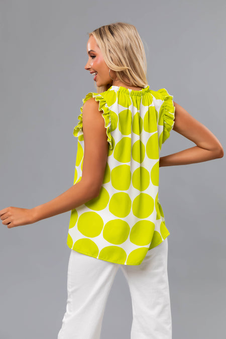 Lime and Ivory Polka Dot Ruffle Cap Sleeve Top