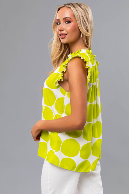 Lime and Ivory Polka Dot Ruffle Cap Sleeve Top