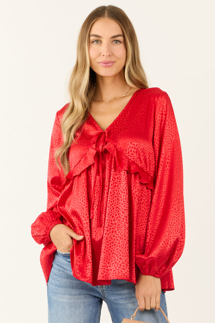 Lipstick Animal Print Satin Ruffle Babydoll Blouse