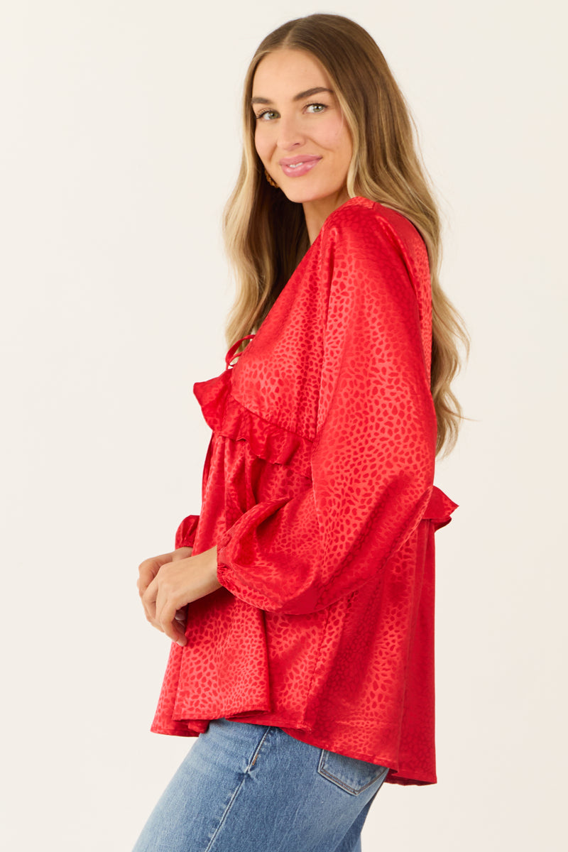 Lipstick Animal Print Satin Ruffle Babydoll Blouse