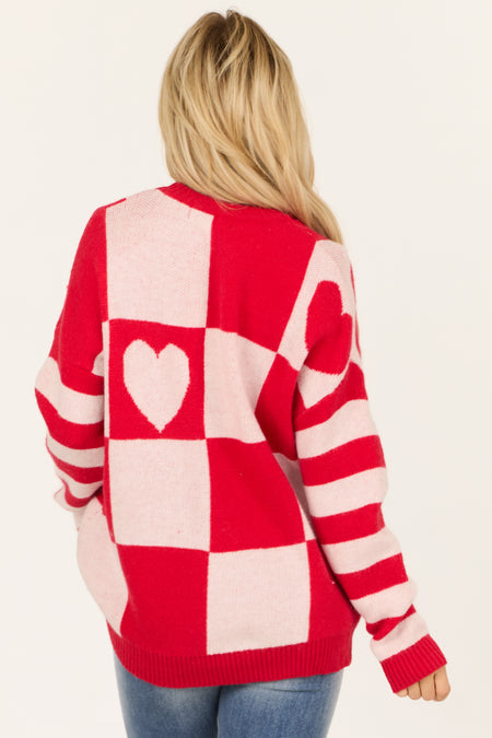 Lipstick Checkered Heart Contrast Print Sweater