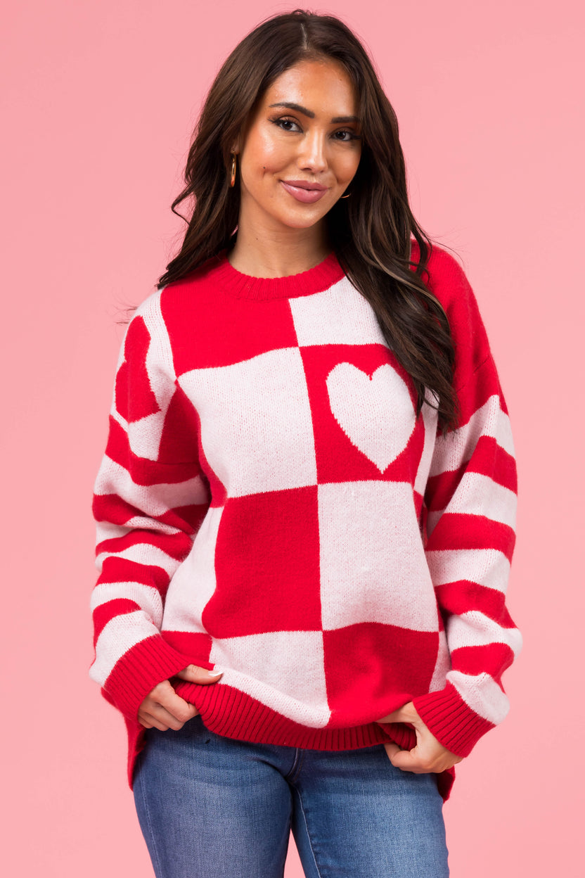 Lipstick Checkered Heart Contrast Print Sweater