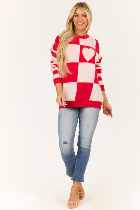 Lipstick Checkered Heart Contrast Print Sweater