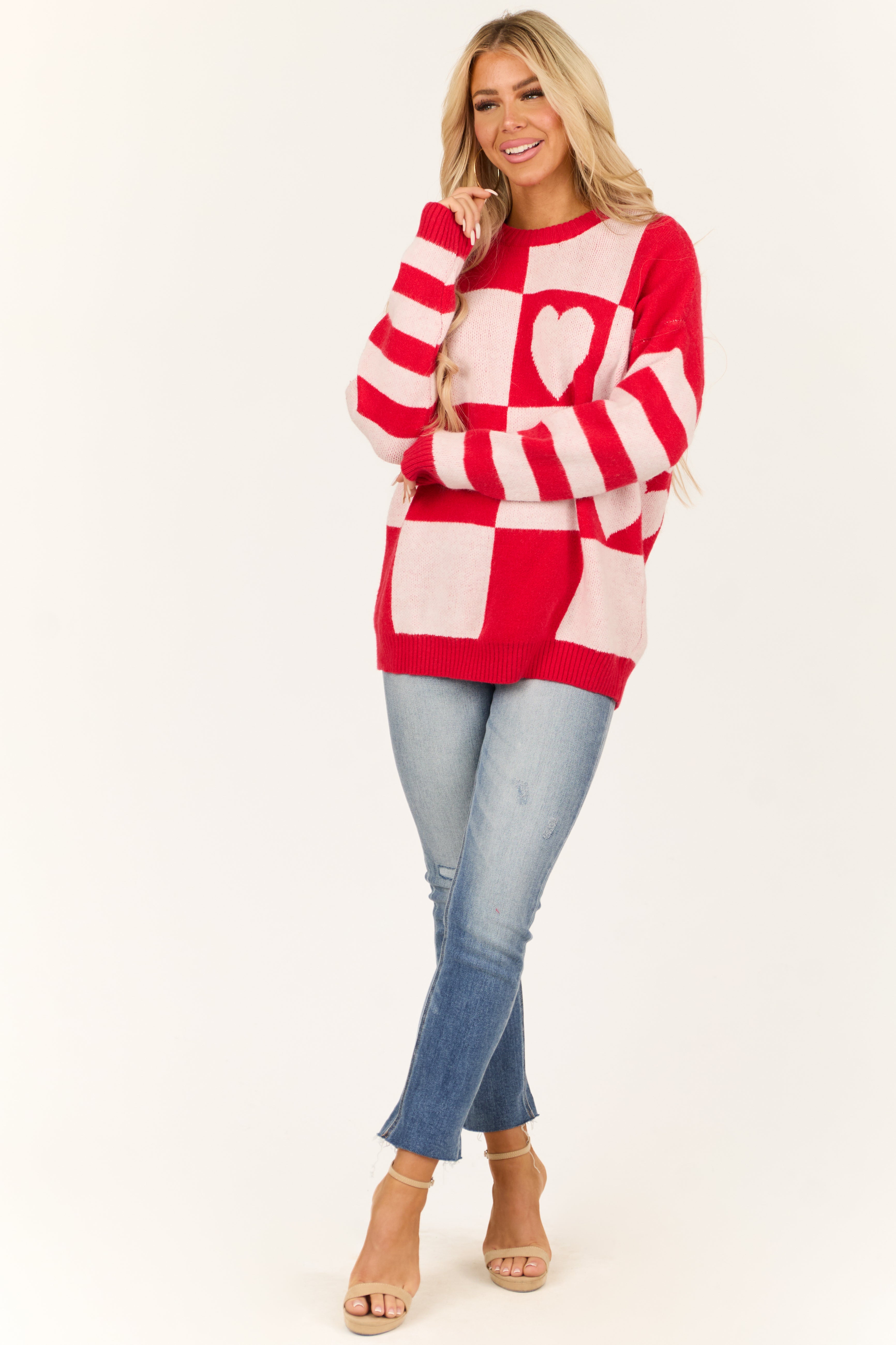 Lipstick Checkered Heart Contrast Print Sweater