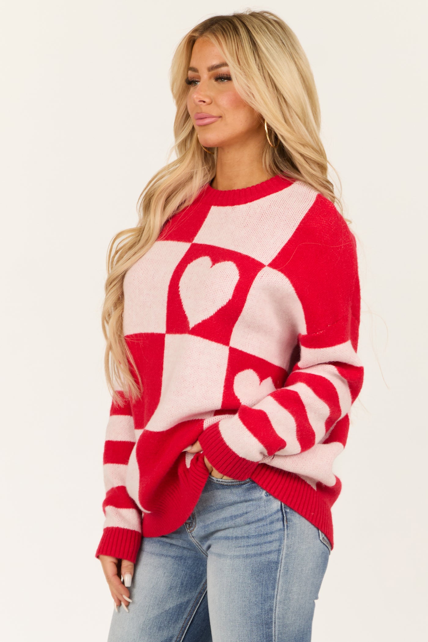 Lipstick Checkered Heart Contrast Print Sweater