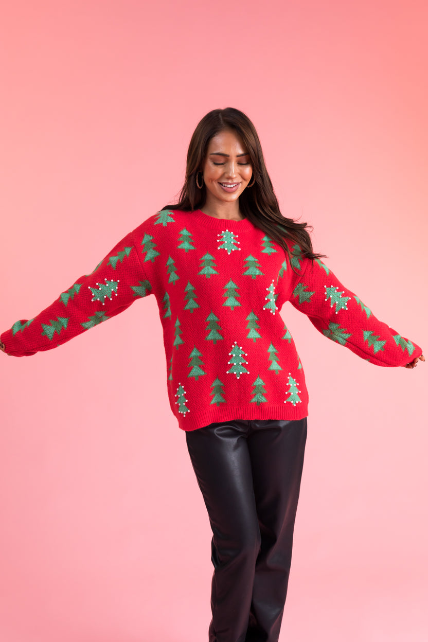 Lipstick Christmas Tree Pearl Graphic Sweater