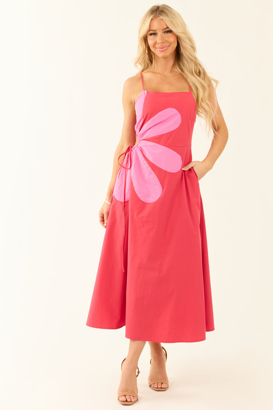 Lipstick Cut Out Side Flower Detail Maxi Dress