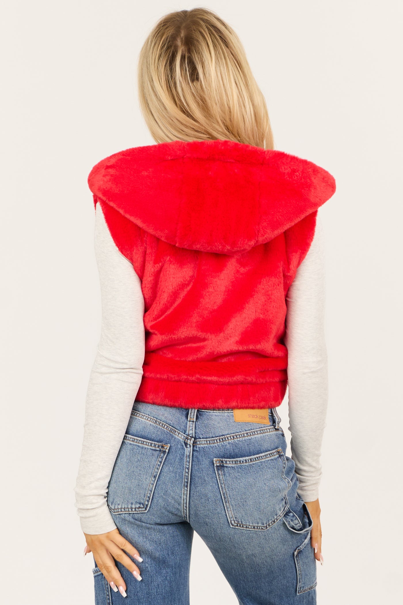 Lipstick Faux Fur Zip Up Hoodie Vest with Pockets