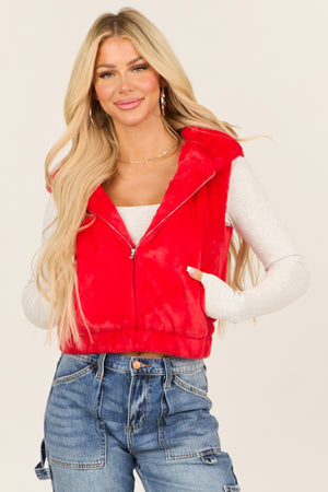 Lipstick Faux Fur Zip Up Hoodie Vest with Pockets