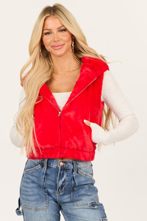 Lipstick Faux Fur Zip Up Hoodie Vest with Pockets