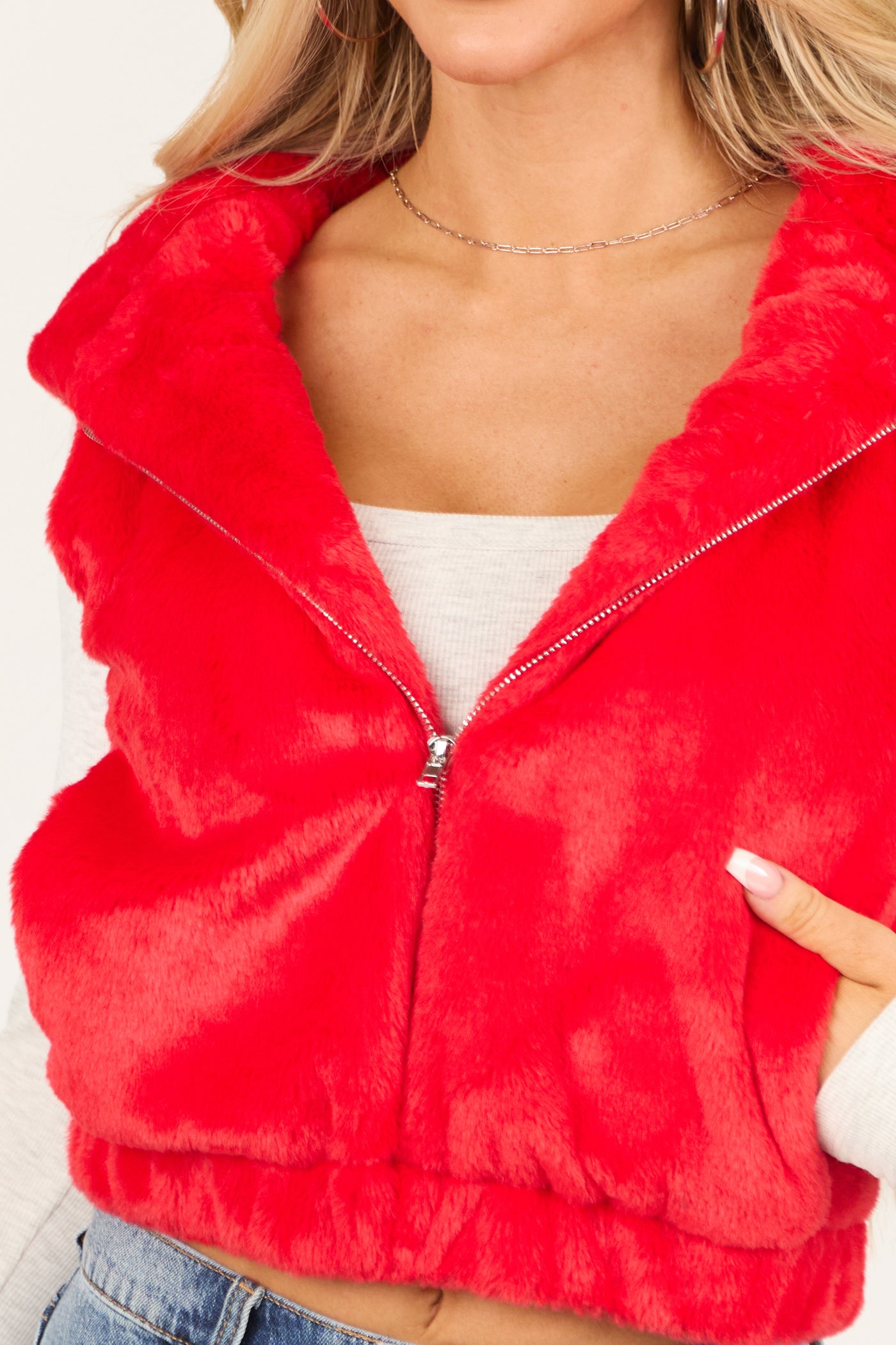 Lipstick Faux Fur Zip Up Hoodie Vest with Pockets