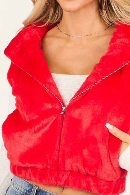 Lipstick Faux Fur Zip Up Hoodie Vest with Pockets